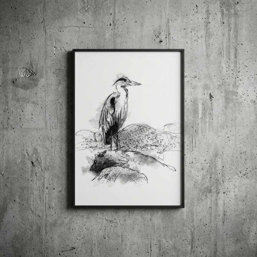 Grey heron river - BW Sketch