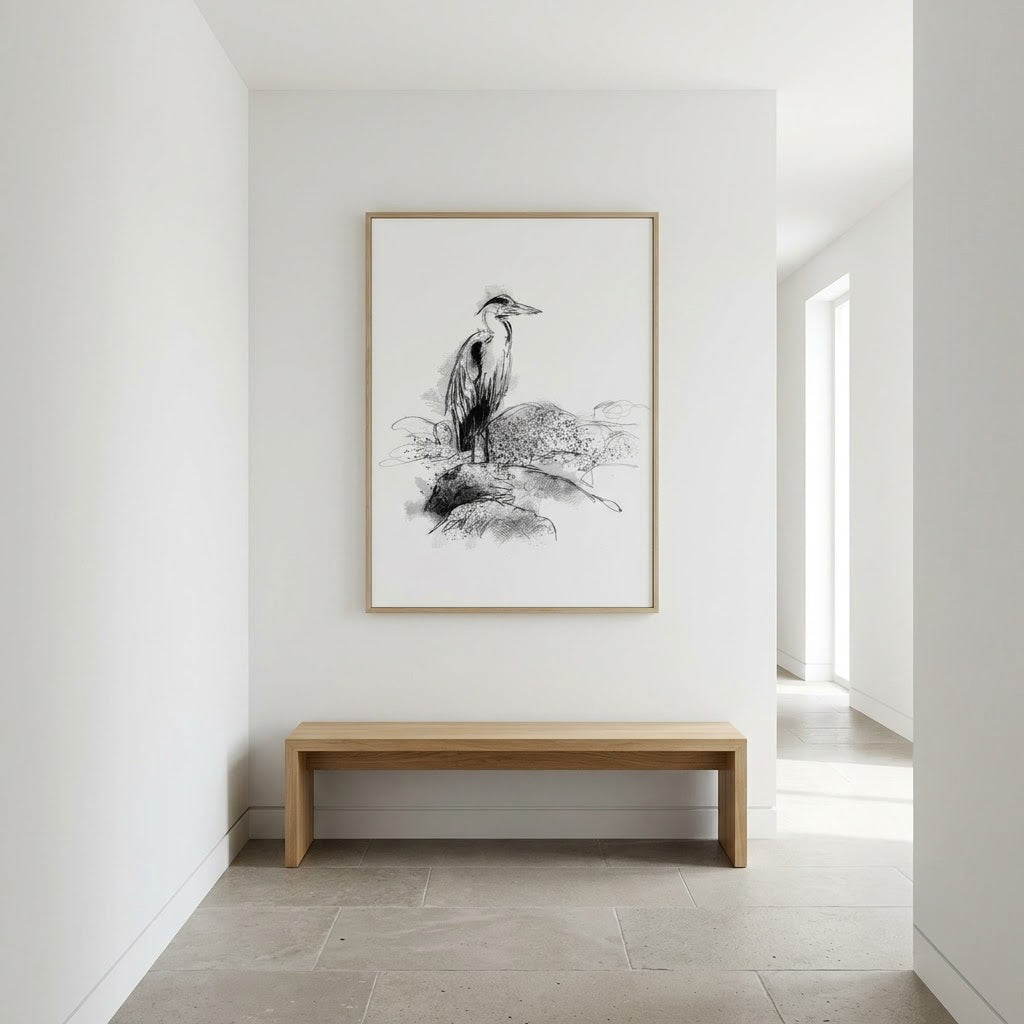 Grey heron river - BW Sketch