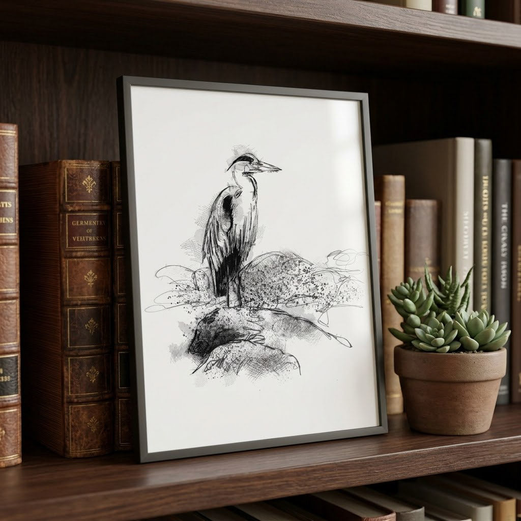 Grey heron river - BW Sketch