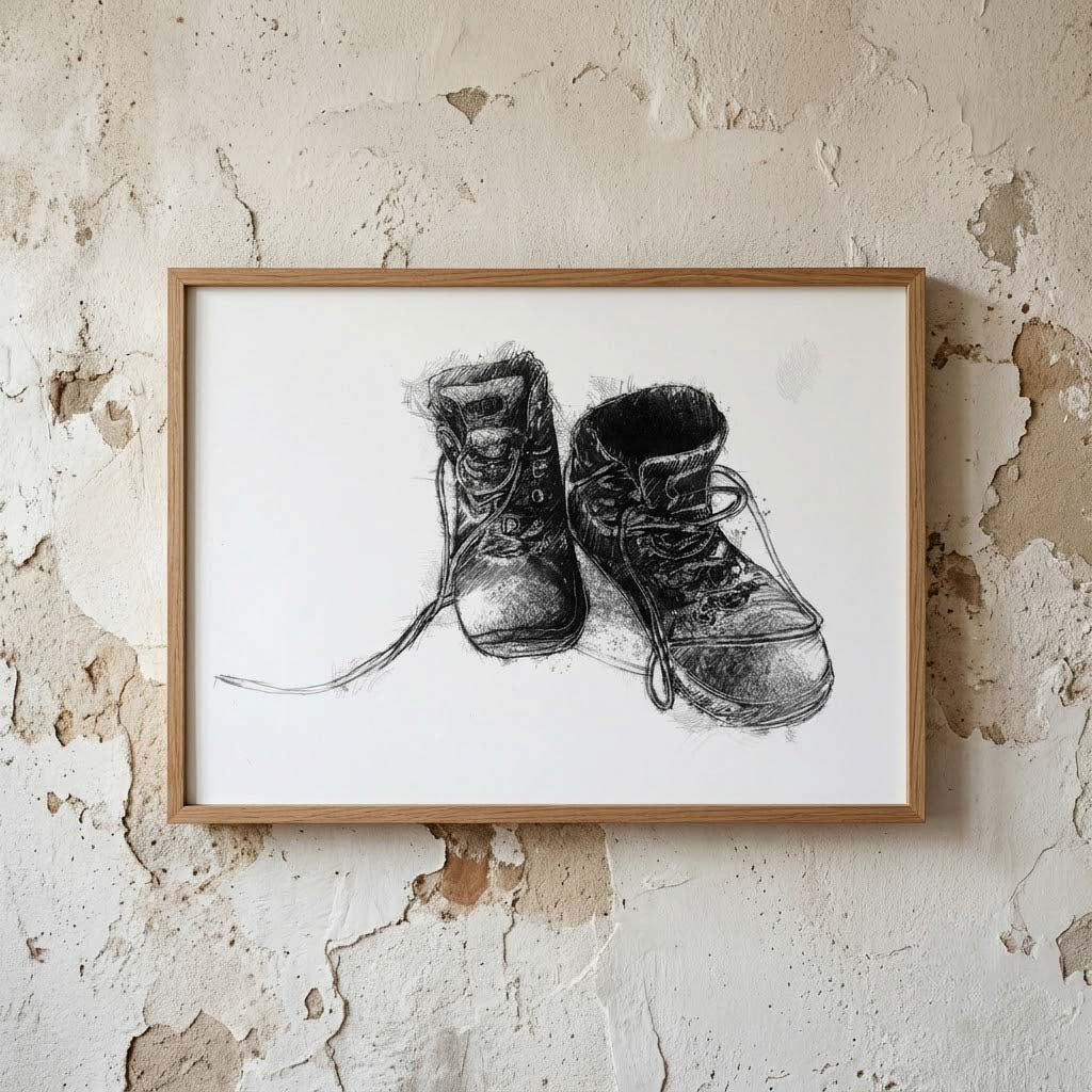 Old hiking boots - BW Sketch