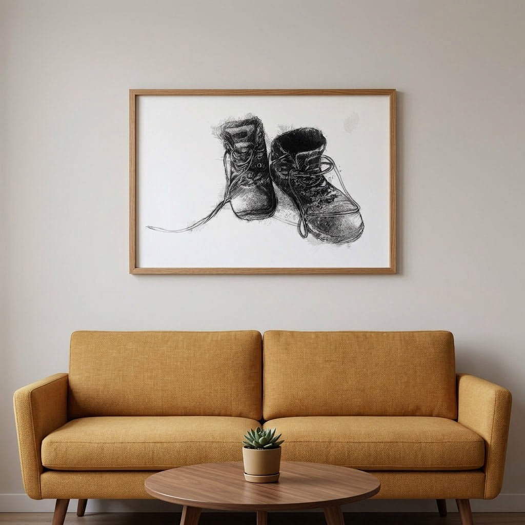 Old hiking boots - BW Sketch