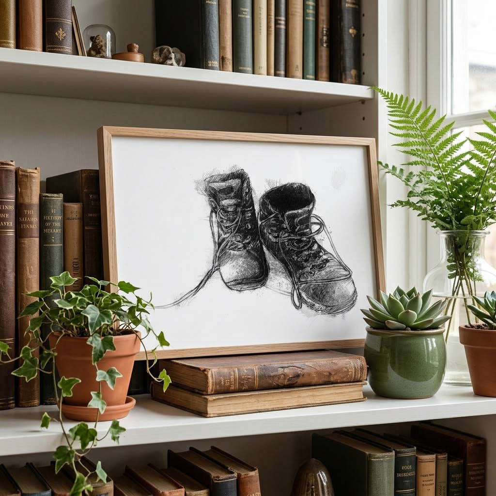 Old hiking boots - BW Sketch