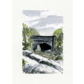 A watercolor painting of a stone bridge archway framed by green trees, with a pale cloudy sky above and a textured white paper background.