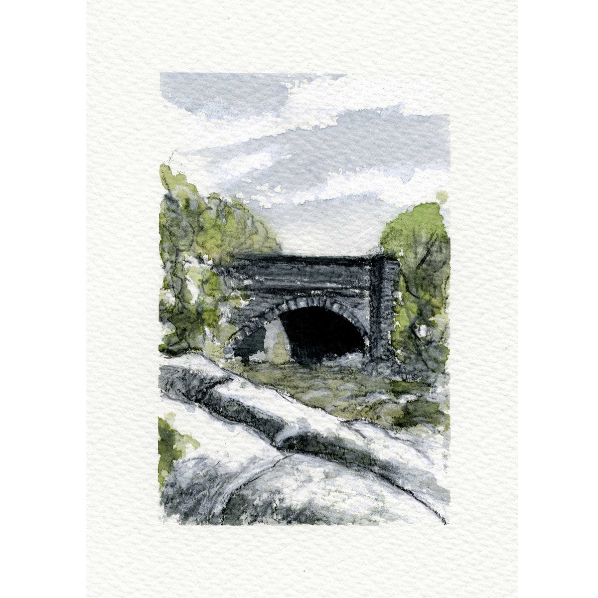 A watercolor painting of a stone bridge archway framed by green trees, with a pale cloudy sky above and a textured white paper background.