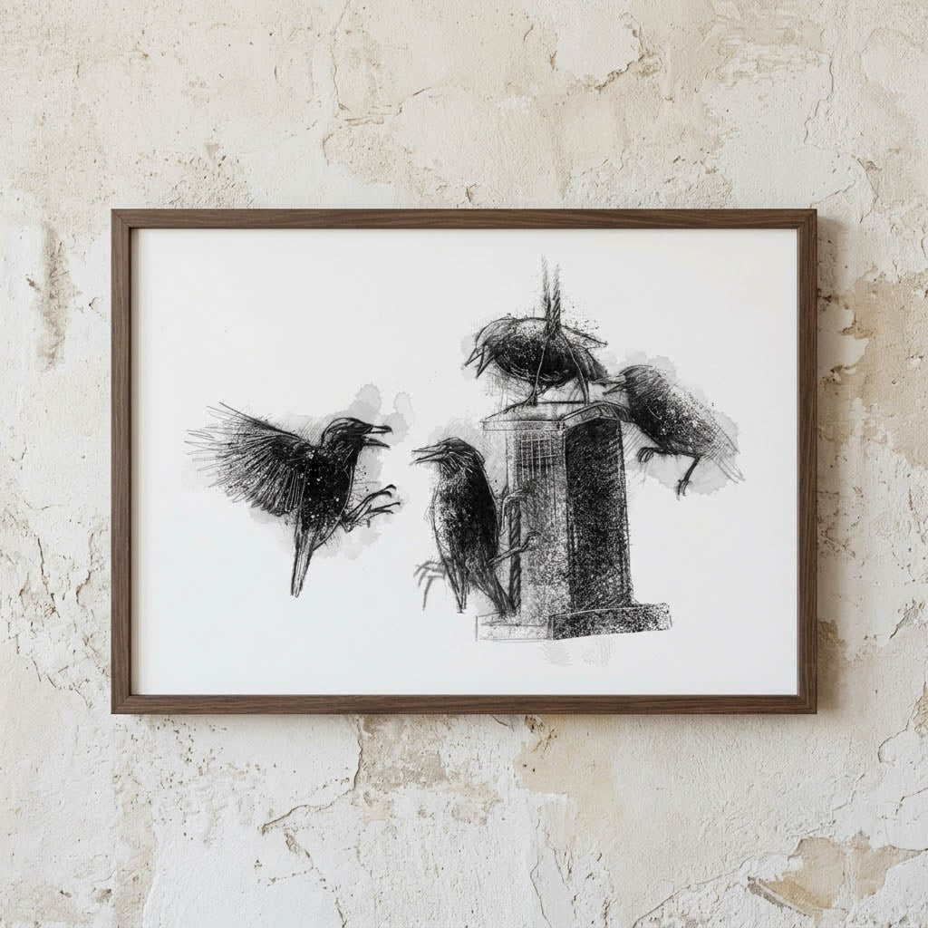 Starlings squabble - BW Sketch