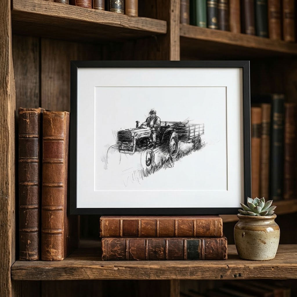Vintahe tractor hay making - BW Sketch