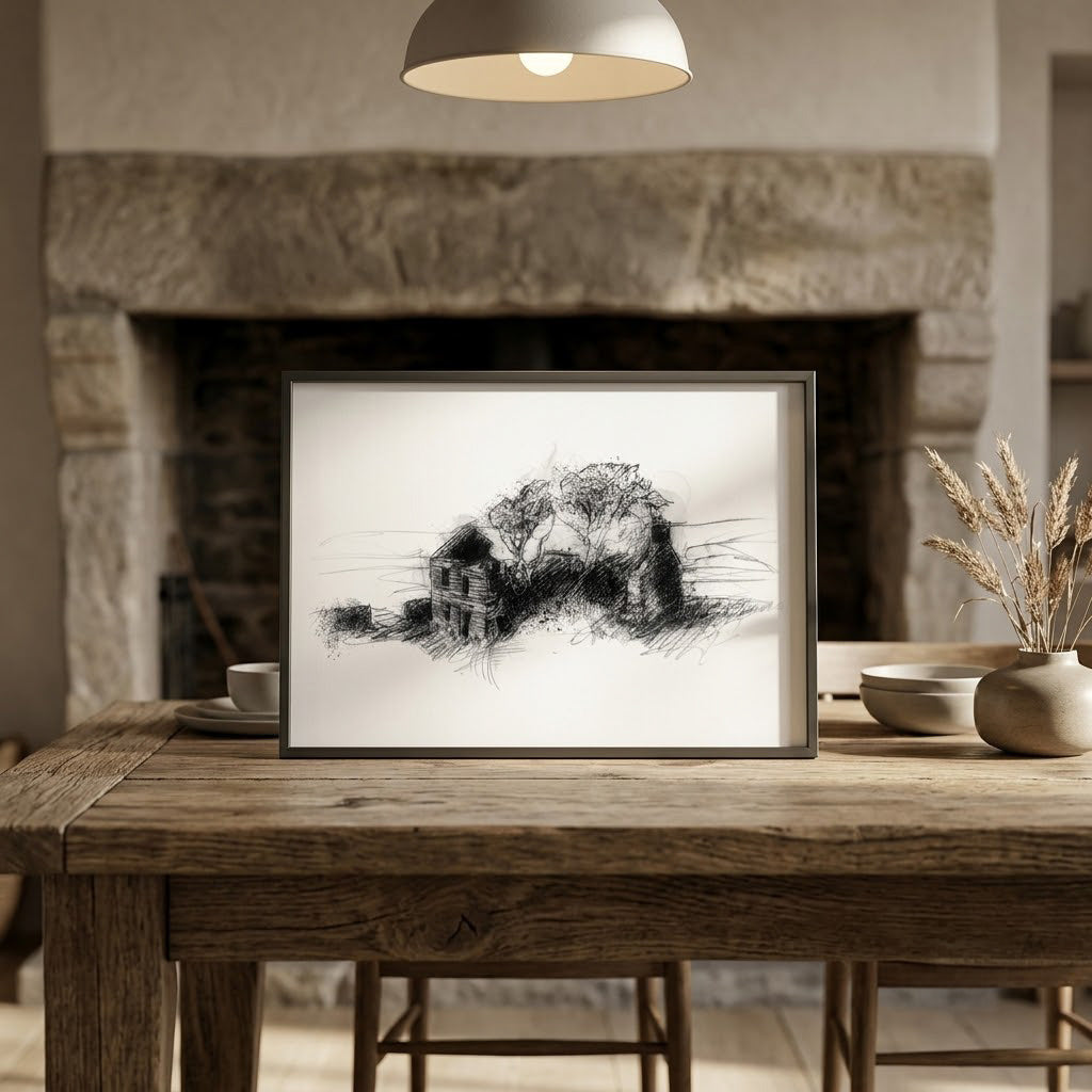 Farmhouse ruin - BW Sketch
