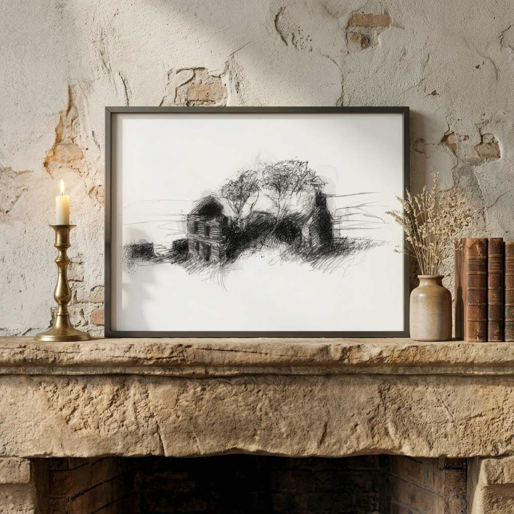Farmhouse ruin - BW Sketch