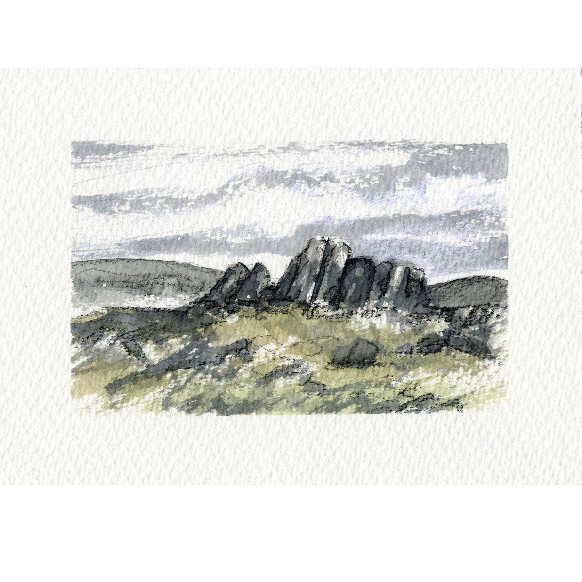 A watercolor landscape painting of a rocky hillside under a cloudy sky, rendered in muted gray, black, olive green, and off-white tones on textured paper.