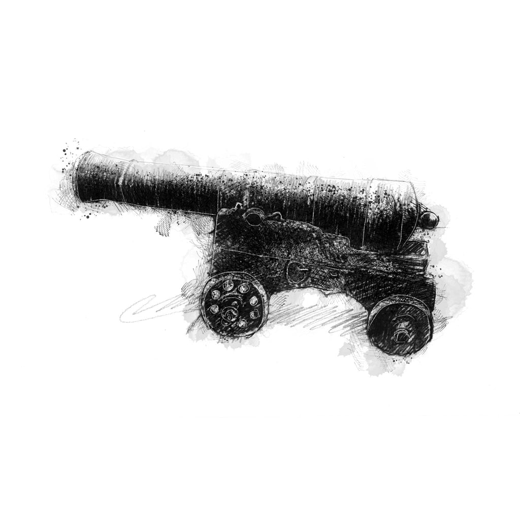 Cannon at Orford black and white sketch