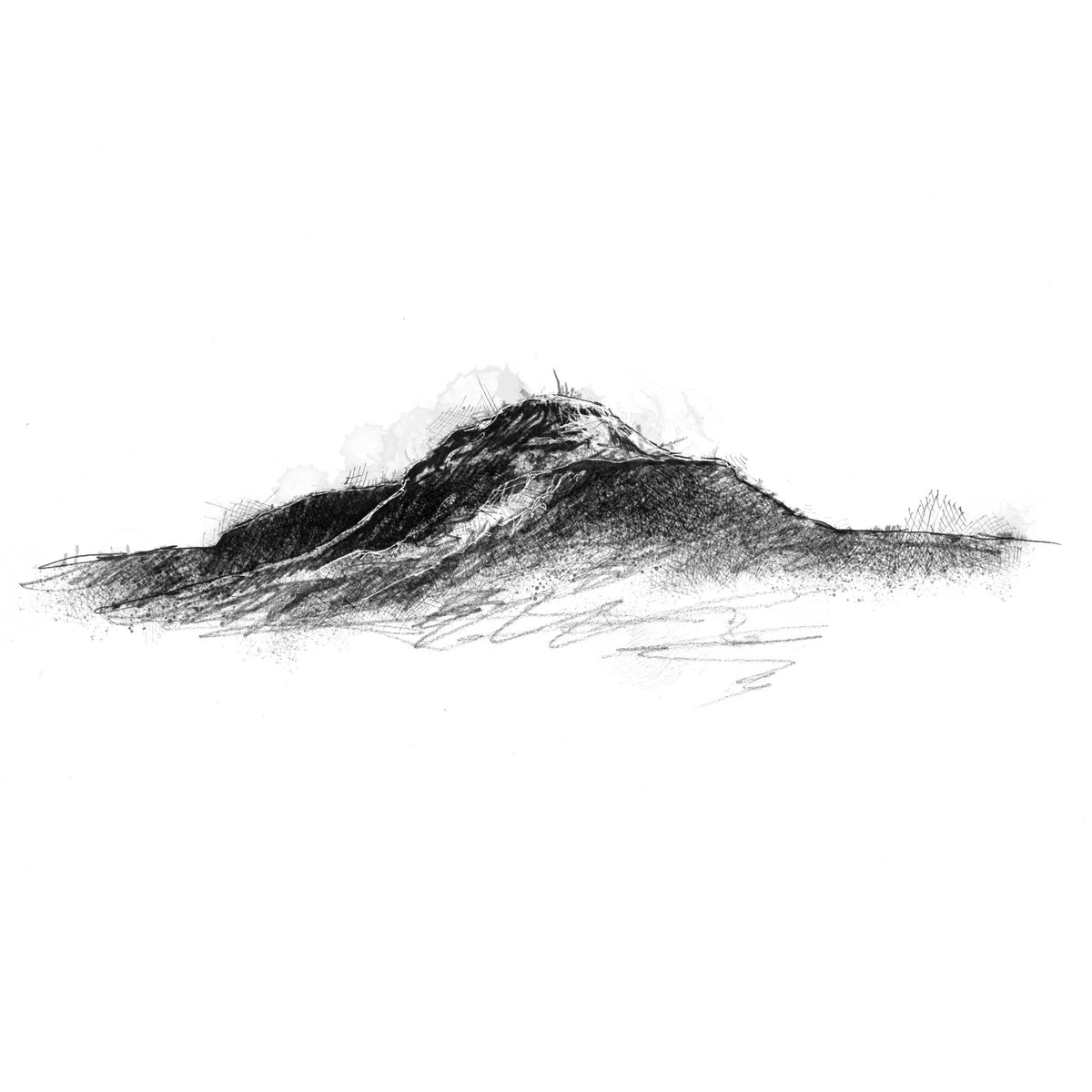 A minimalist black and white sketch of Pen-y-ghent mountain or hill rendered with expressive charcoal or pencil strokes on a plain white background.
