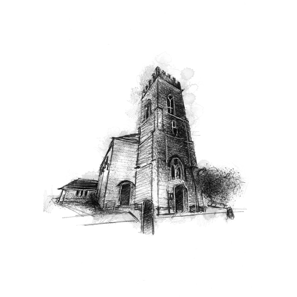 A black and white sketch of a church building with a tall tower, rendered in a hand-drawn ink or pencil style on a plain white background.