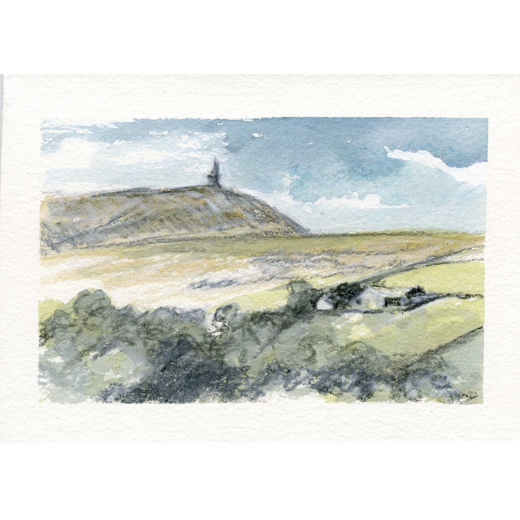 A watercolor landscape painting of a hill with a small tower stoodley pike, shown on textured white paper with a white border.