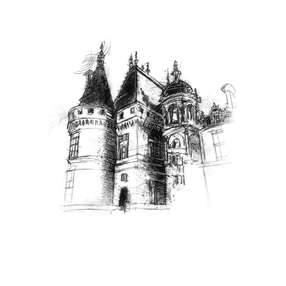 A black ink sketch of the historic Waddesdon manor building with towers and ornate architectural details, rendered on a plain white background.