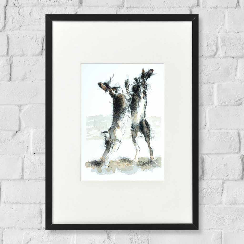 Hares boxing watercolour