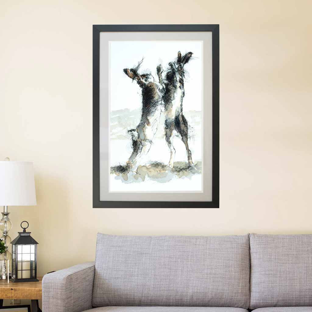Hares boxing watercolour