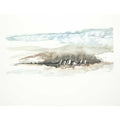 A minimalist watercolor landscape painting featuring a row of rocks on a dark horizontal band, set against a soft beige and light blue background.
