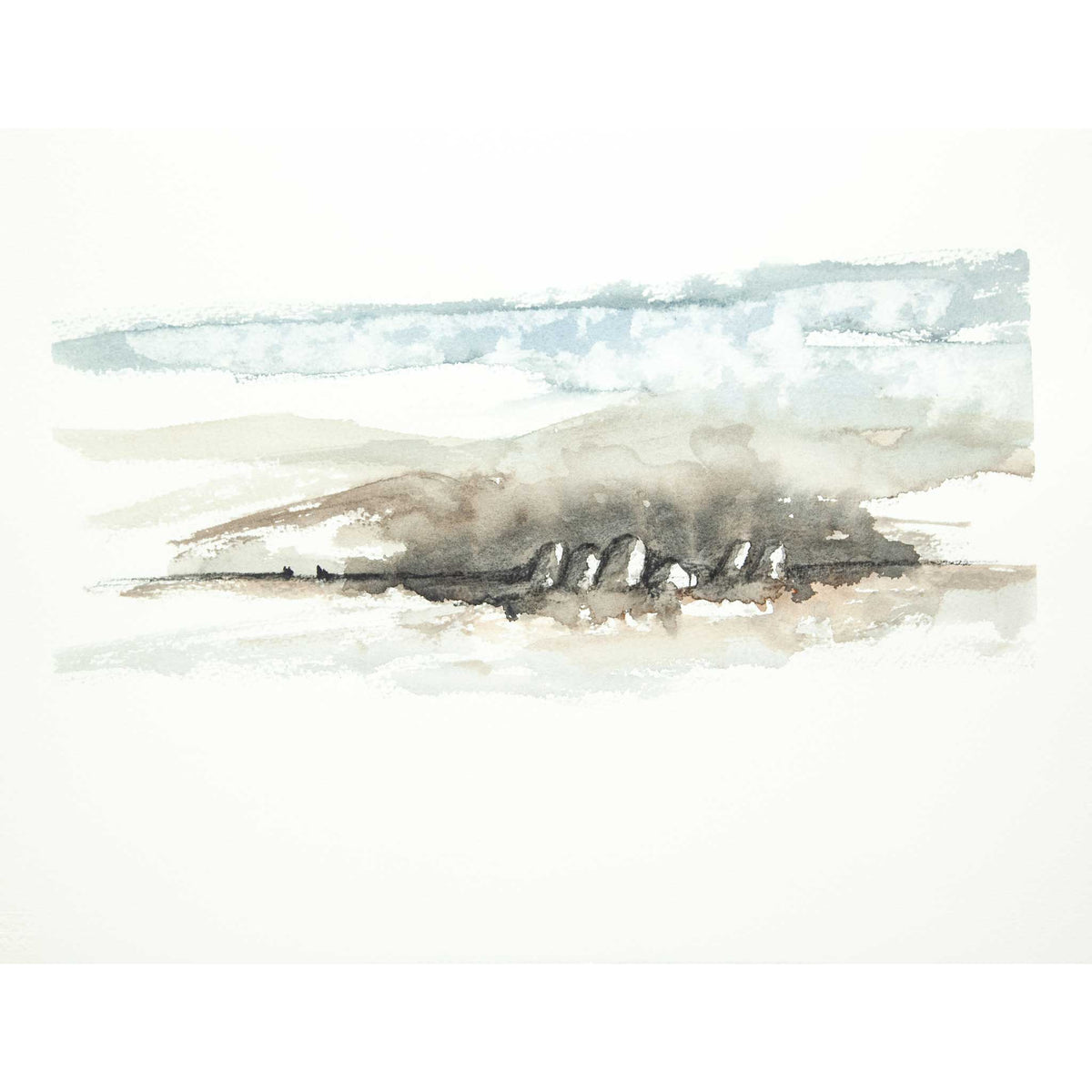 A minimalist watercolor landscape painting featuring a row of rocks on a dark horizontal band, set against a soft beige and light blue background.
