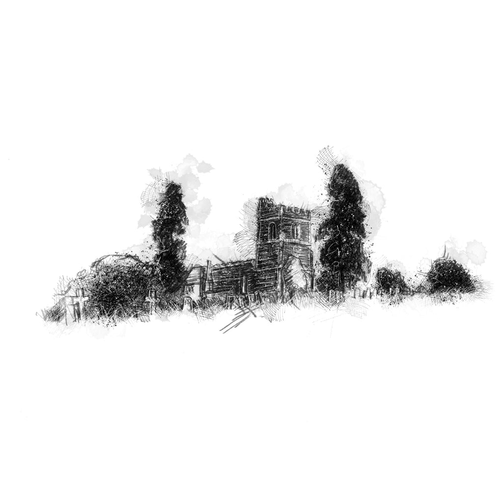 Village church with trees, landscape sketch