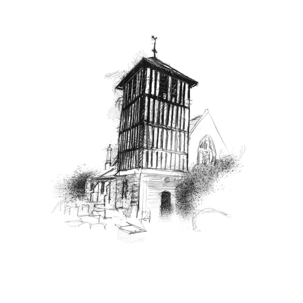 A black and white pencil sketch of a timber-framed church tower with a bell chamber and surrounding architectural details, rendered on a plain white background.