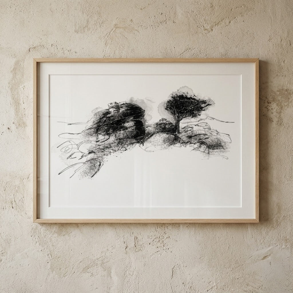Dartmoor Tor and Lone Tree - BW Sketch