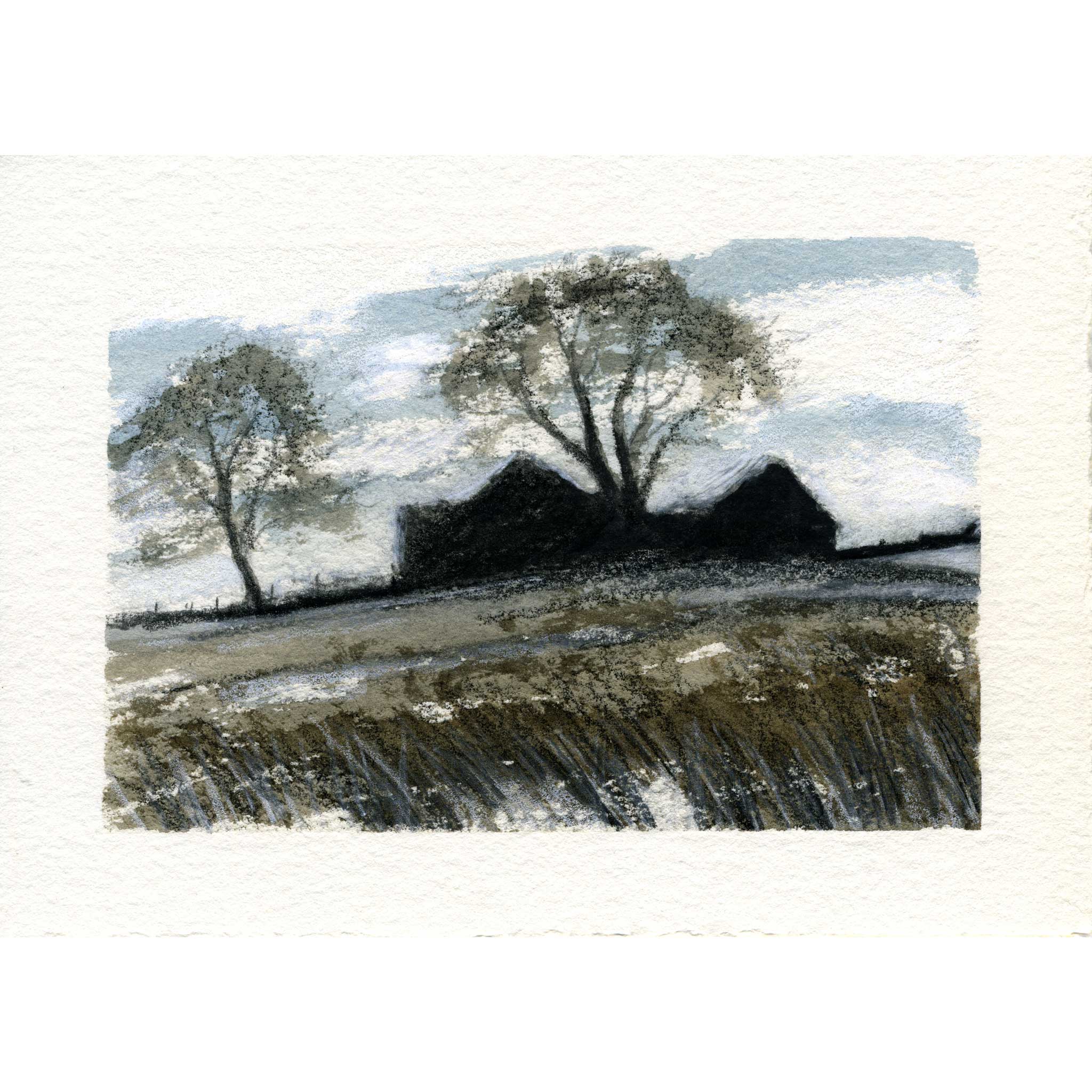 A small landscape painting on textured paper showing two trees, dark cottage roofs, and a cloudy sky, with a wide white border around the artwork.