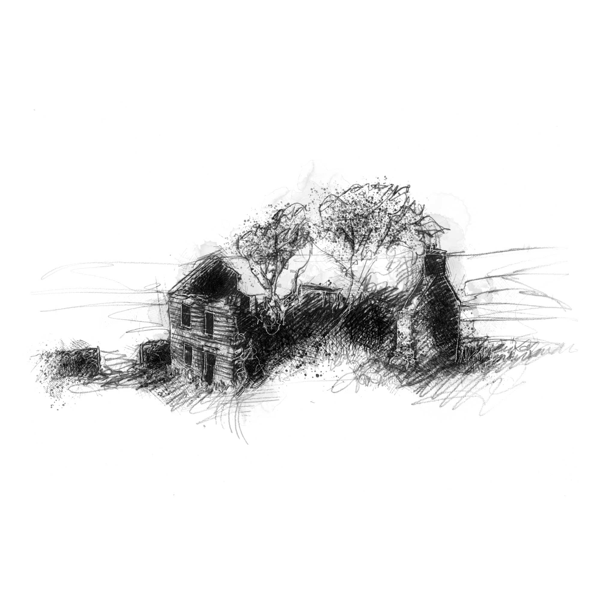 Pencil sketch of a rustic building with trees in the background on a white background