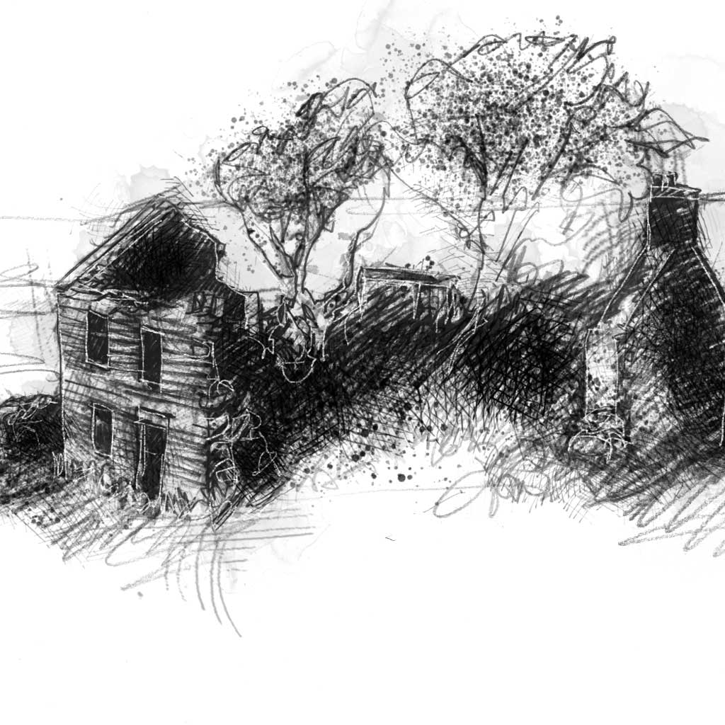 Farmhouse ruin - BW Sketch