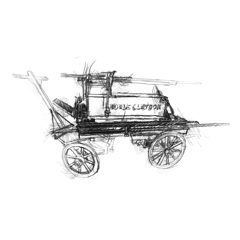 A black and white sketch of a vintage horse-drawn cart Middle Claydon Fire Engine on a plain white background.