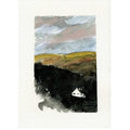 A watercolor landscape art print featuring rolling hills in muted yellow, brown, and dark green-black tones, with a small white house near the bottom and a cloudy sky above, centered on a textured white paper background.