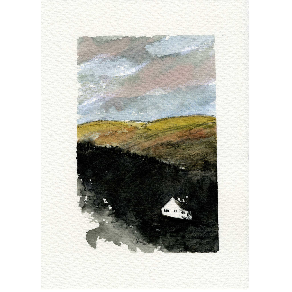 A watercolor landscape art print featuring rolling hills in muted yellow, brown, and dark green-black tones, with a small white house near the bottom and a cloudy sky above, centered on a textured white paper background.