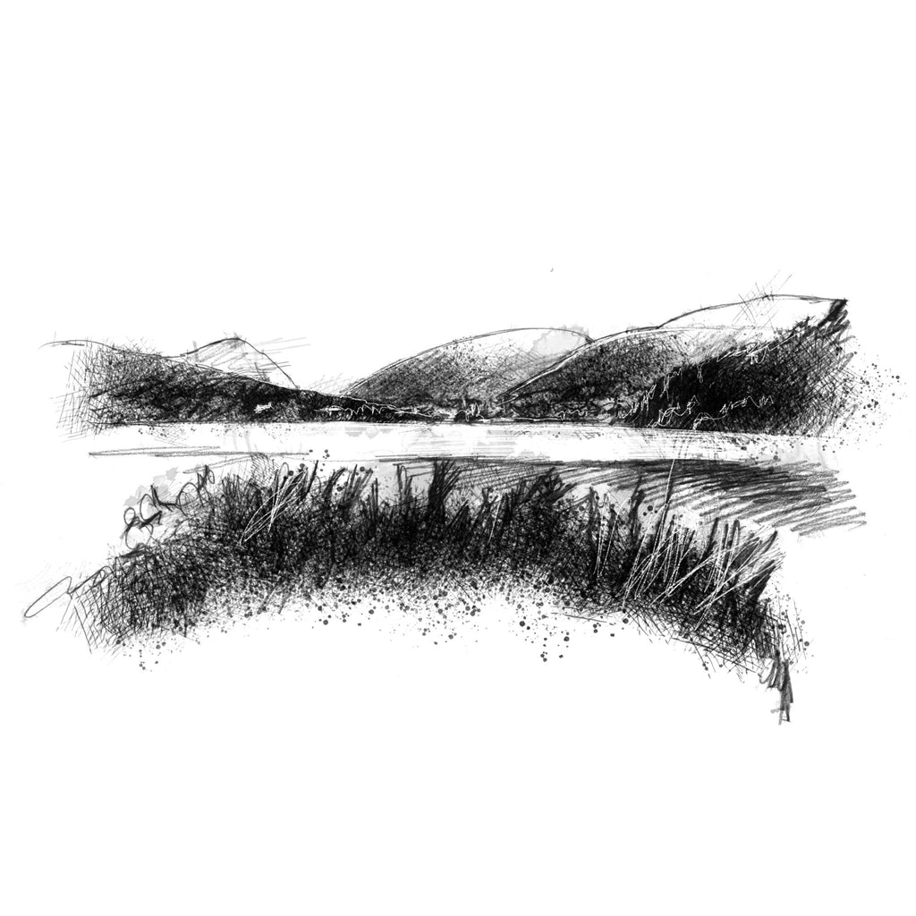 A black and white sketch of a landscape with hills, water, and reeds, presented on a plain white background. Grasmere lake
