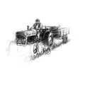Black and white illustration of a farmer driving a tractor with a trailer.