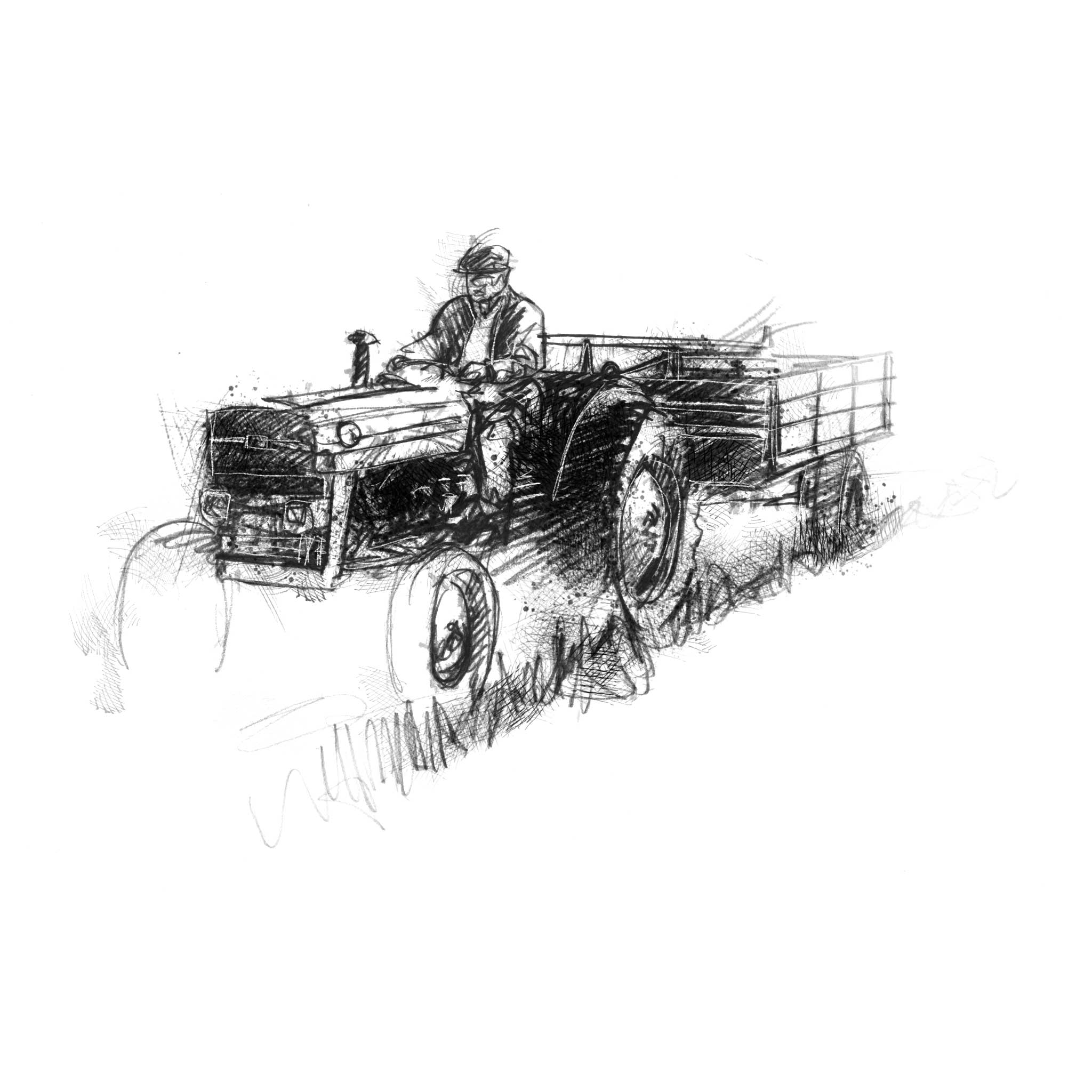 Black and white illustration of a farmer driving a tractor with a trailer.