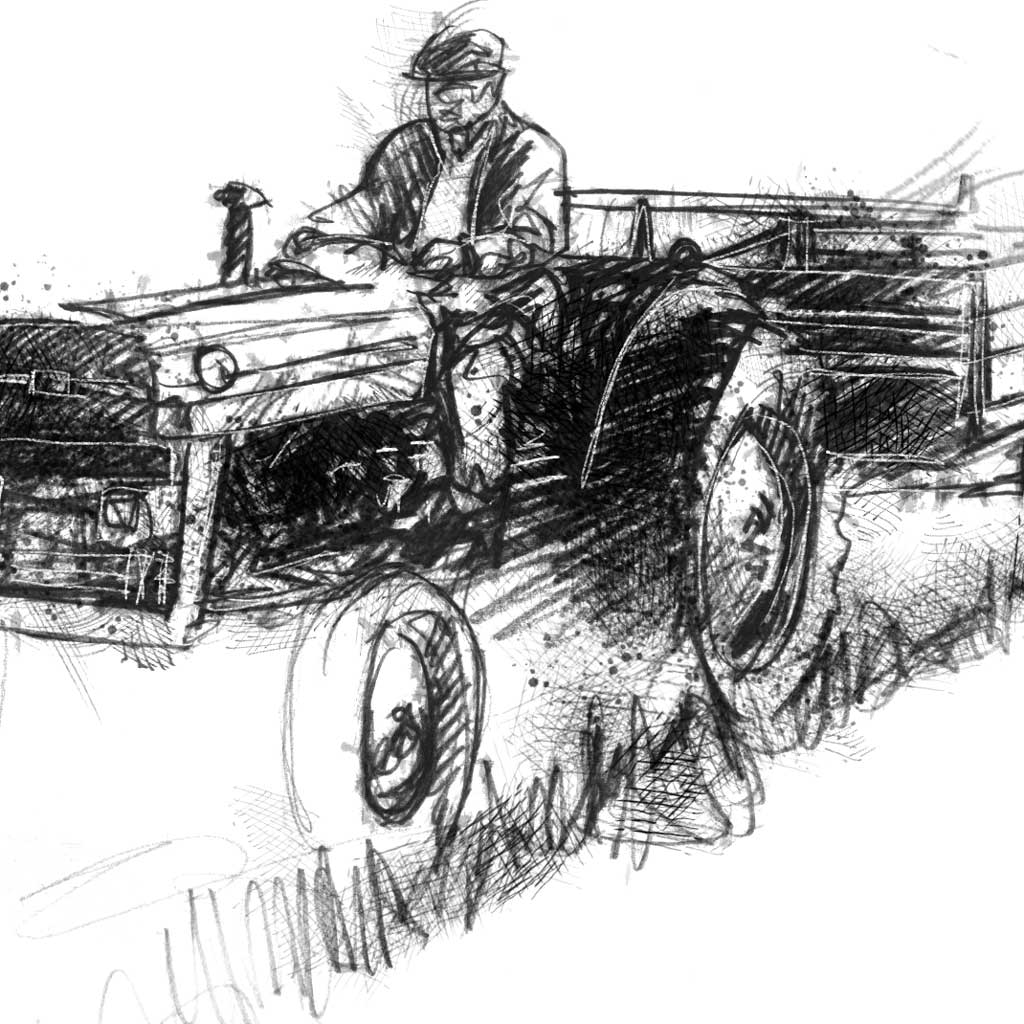 Vintahe tractor hay making - BW Sketch