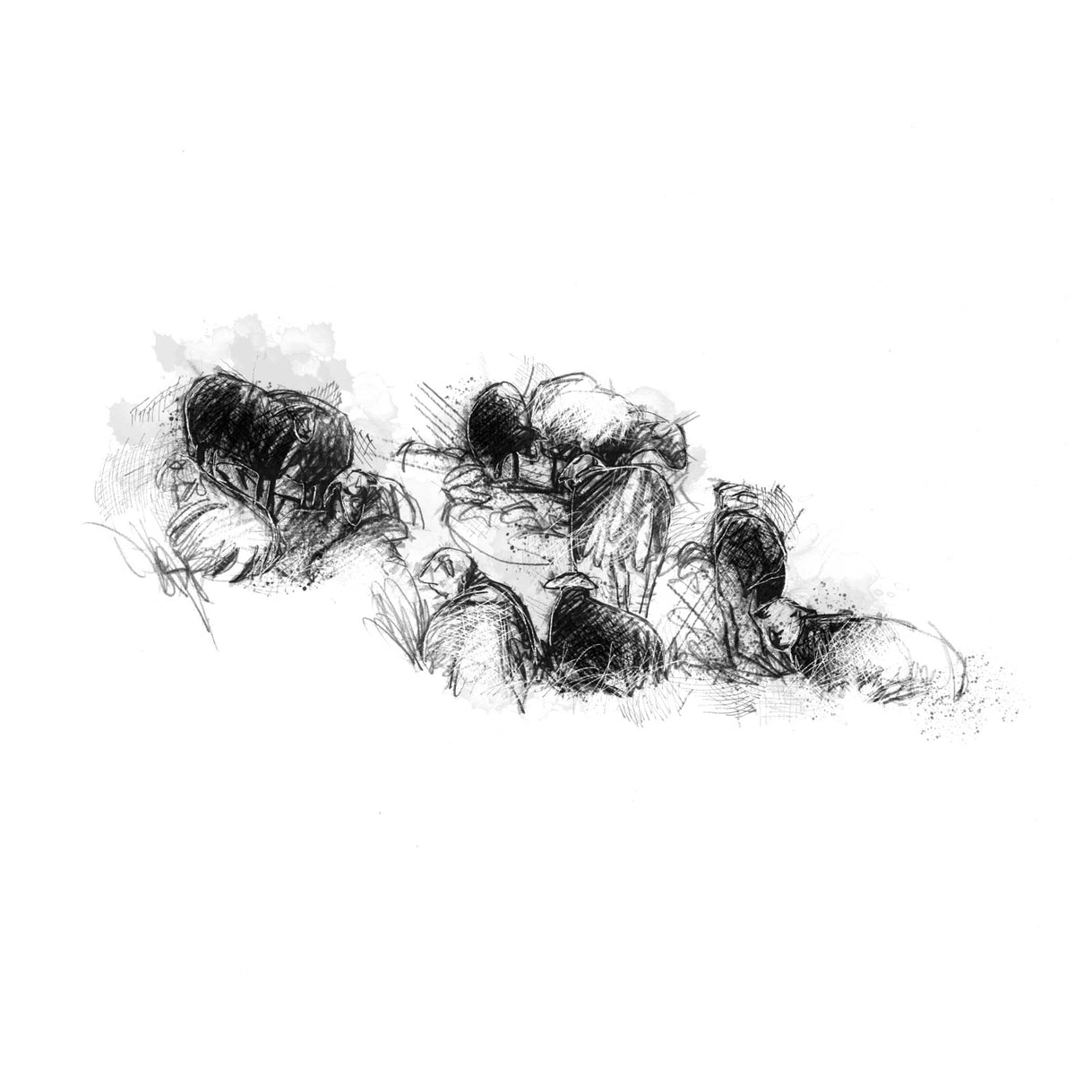 A black and white charcoal or pencil sketch of several seated figures on a plain white background.