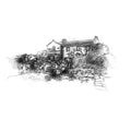 A black and white sketch of a cottage and stone wall, rendered as a fine line drawing on a white background.