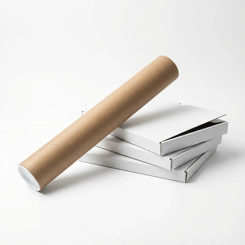Cardboard tube and white boxes on a white background as used by artist Sean Briggs for sending artwork to collectors.