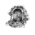 A black and white sketch illustration of an arched wooden door set in a stone wall with steps and climbing vines, centered on a plain white background.