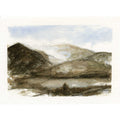 A watercolor landscape painting of rolling hills and a reflective lake, rendered in earthy brown, beige, and gray tones with a soft blue sky.