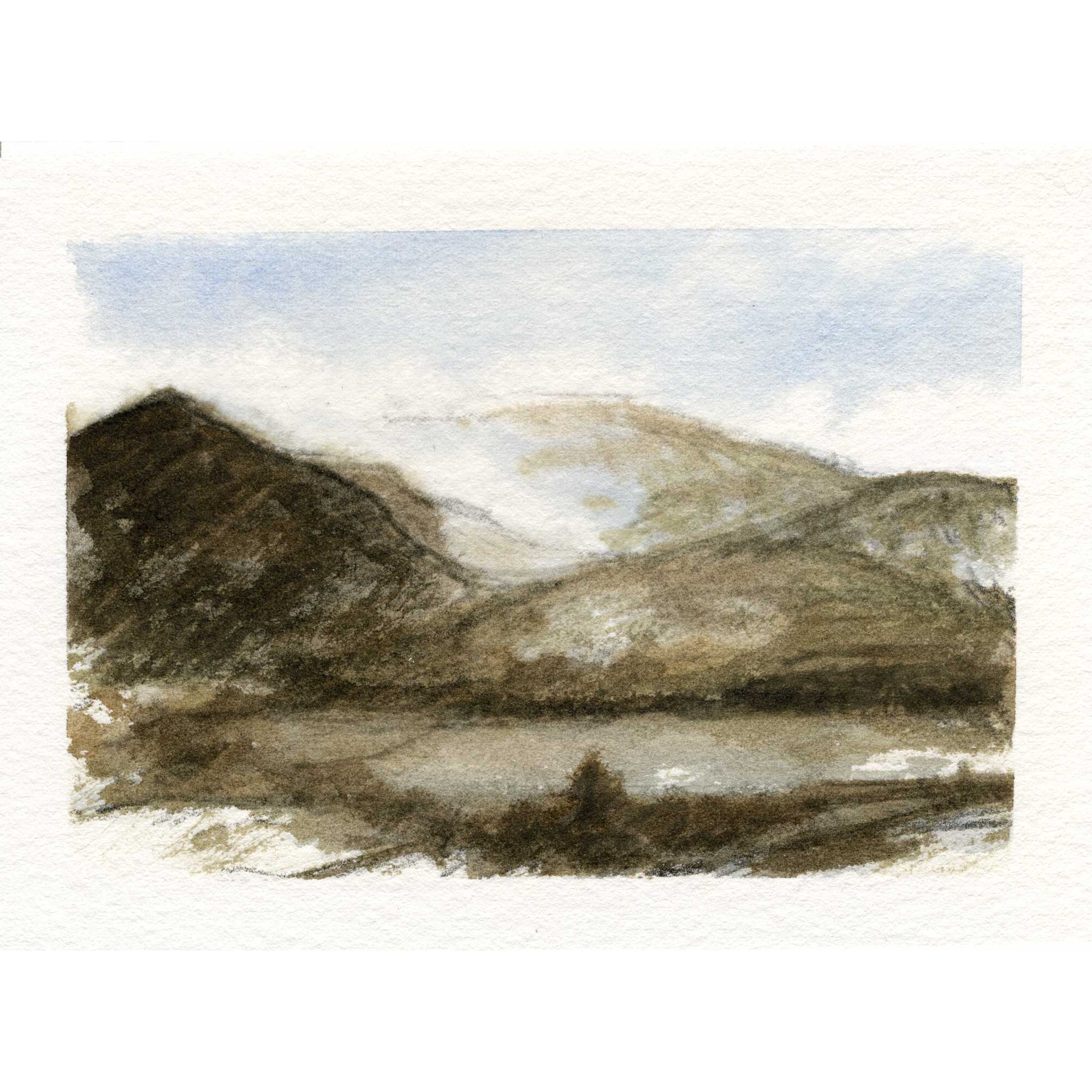 A watercolor landscape painting of rolling hills and a reflective lake, rendered in earthy brown, beige, and gray tones with a soft blue sky.