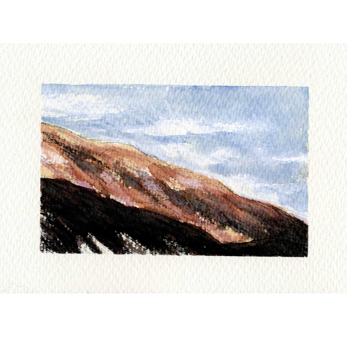 A watercolor landscape painting of a mountain slope under a blue sky, shown on a textured off-white paper background.