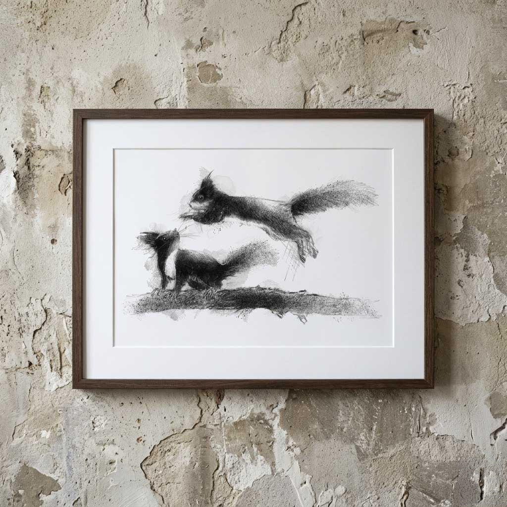 Red squirrels playing - BW Sketch