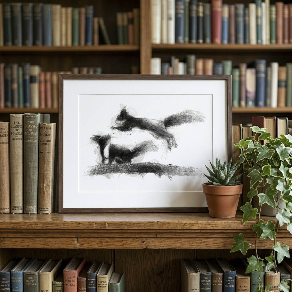 Red squirrels playing - BW Sketch