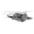 A black and white ink sketch of a ruined house or cabin with a collapsed roof, rendered as a fine line art illustration on a plain white background.