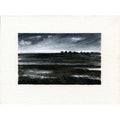 A square watercolor landscape painting featuring a dark, moody sky over a flat, textured field, presented on a wide white watercolor paper background. Moorland stones.