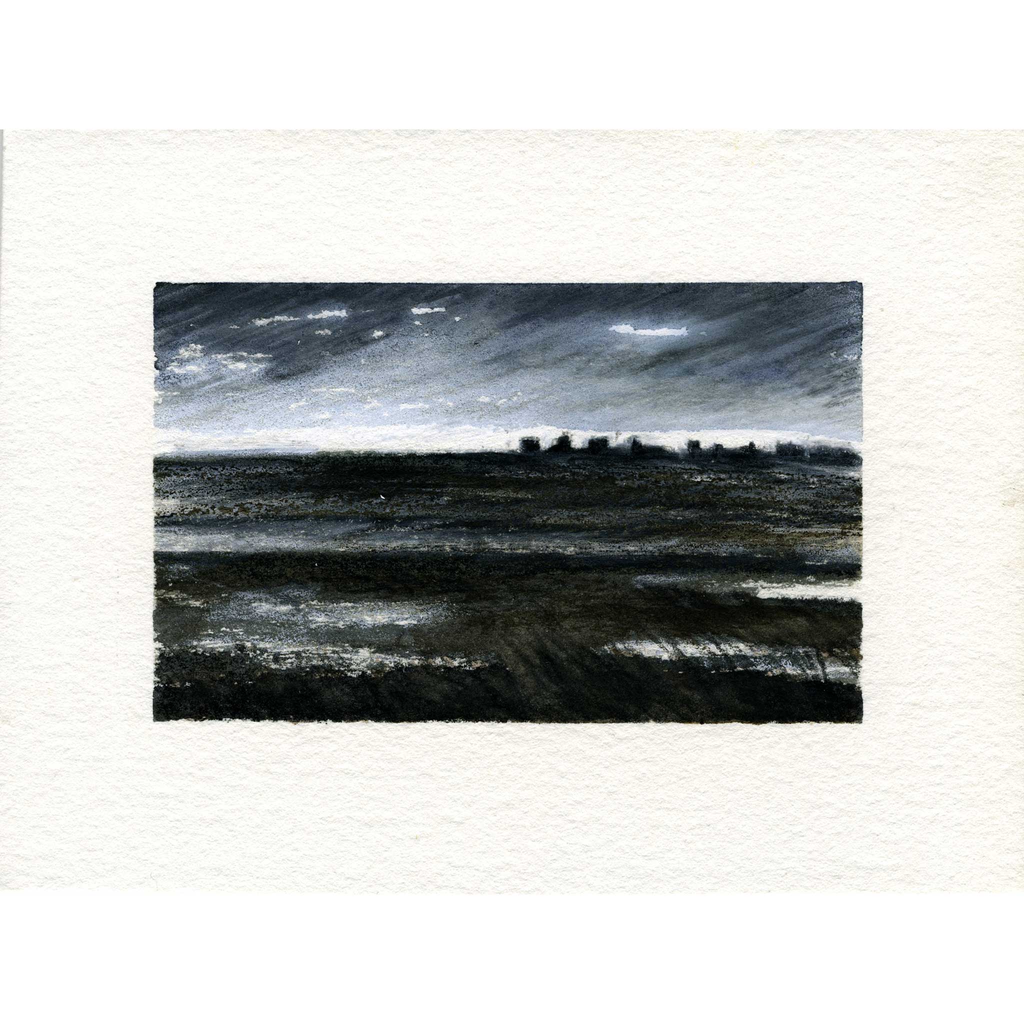 A square watercolor landscape painting featuring a dark, moody sky over a flat, textured field, presented on a wide white watercolor paper background. Moorland stones.