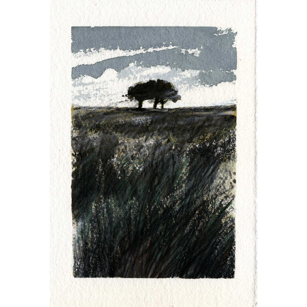 A vertical art print or card featuring a textured landscape painting with a dark tree on a grassy field under a cloudy sky, set against a white border.