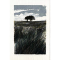 A vertical art print or card featuring a textured landscape painting with a dark tree on a grassy field under a cloudy sky, set against a white border.