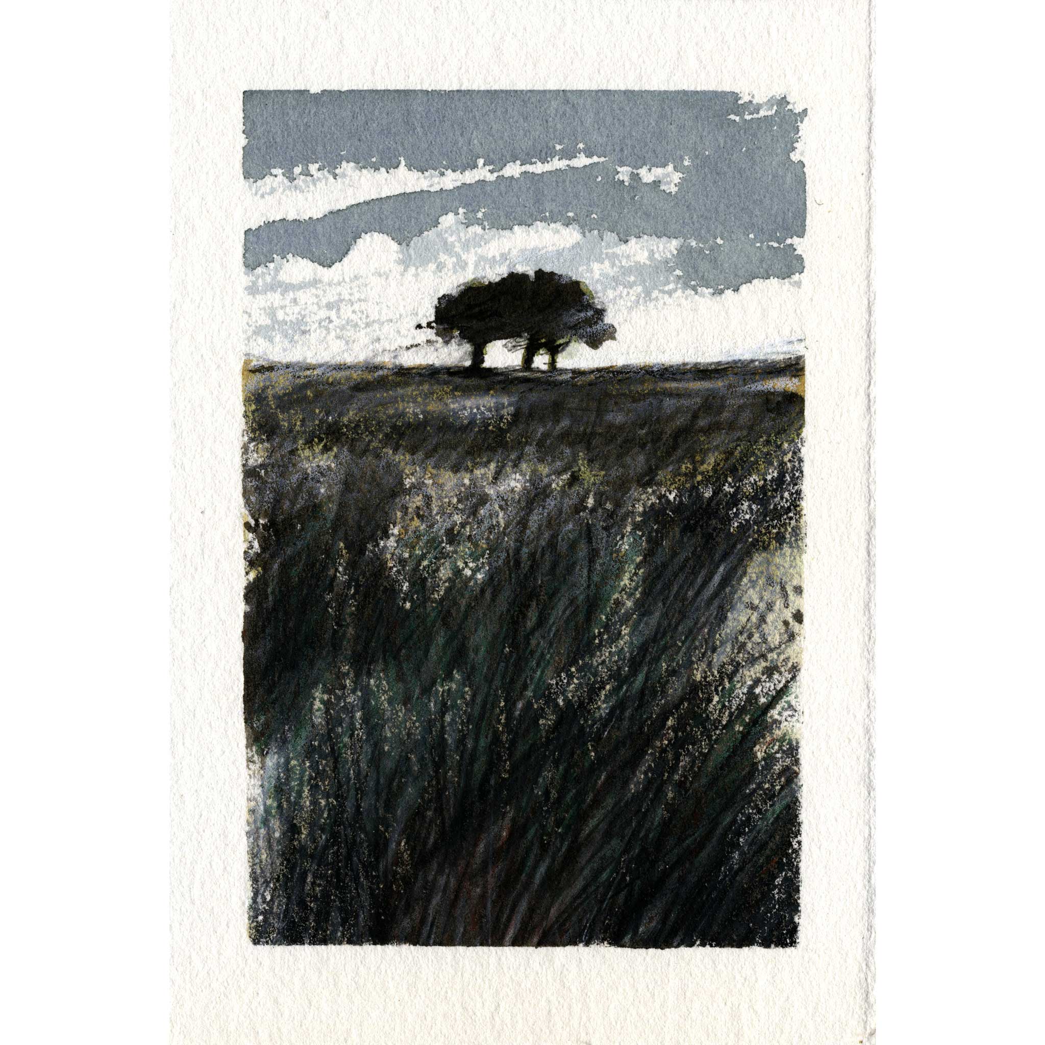 A vertical art print or card featuring a textured landscape painting with a dark tree on a grassy field under a cloudy sky, set against a white border.